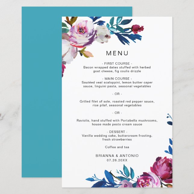 Elegant Pink Floral Modern Wedding Menu (Front/Back)