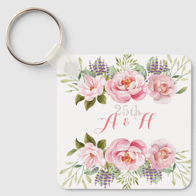 Elegant Pink Floral Monogram 25th Wedding Gift Key Ring (Front)