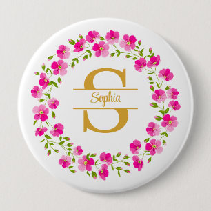 Elegant Pink Floral Monogram and Name Pinback 10 Cm Round Badge