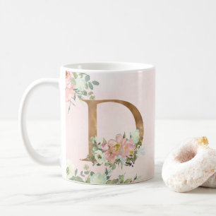 Elegant Pink Floral Monogram D Coffee Mug