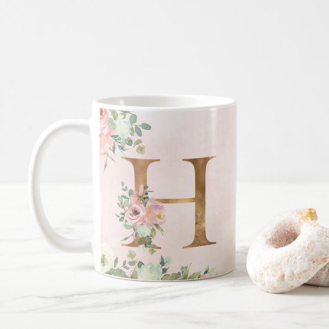 Elegant Pink Floral Monogram H Coffee Mug (With Donut)