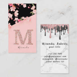 Elegant Pink Floral Monogram Initial Gold Letter M Business Card