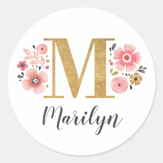Elegant Pink Floral Monogram Initial Gold Letter M Classic Round Sticker (Front)