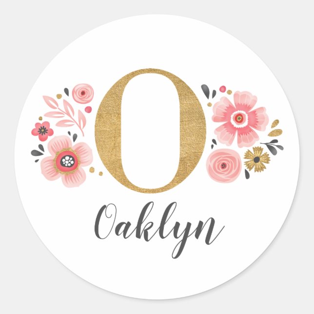 Elegant Pink Floral Monogram Initial Gold Letter O Classic Round Sticker (Front)