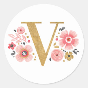 Elegant Pink Floral Monogram Initial Gold Letter V Classic Round Sticker
