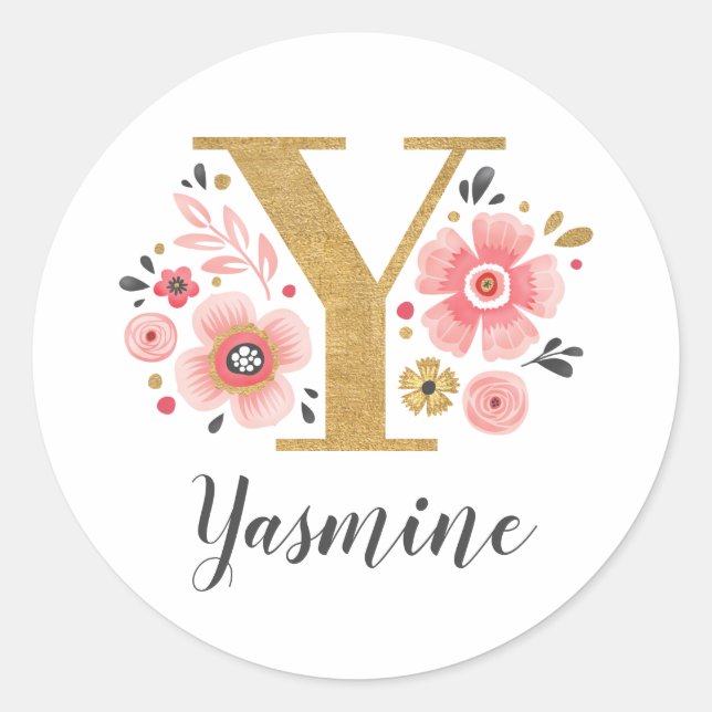 Elegant Pink Floral Monogram Initial Gold Letter Y Classic Round Sticker (Front)