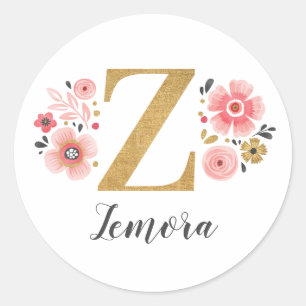 Elegant Pink Floral Monogram Initial Gold Letter Z Classic Round Sticker