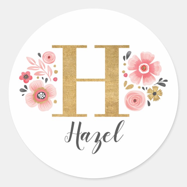 Elegant Pink Floral Monogram Initial Letter H Classic Round Sticker (Front)