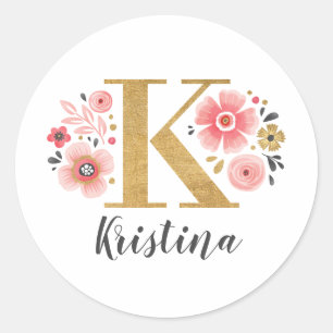 Elegant Pink Floral Monogram Initial Letter K Classic Round Sticker