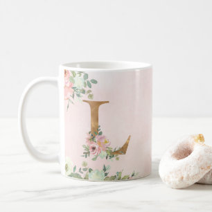 Elegant Pink Floral Monogram L Coffee Mug