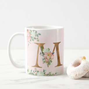 Elegant Pink Floral Monogram M Coffee Mug