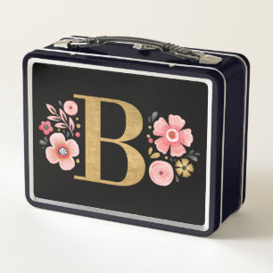 Elegant Pink Floral Monogram Metal Lunch Box