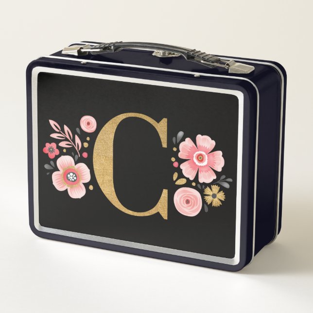 Elegant Pink Floral Monogram Metal Lunch Box (Back)