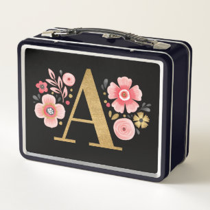 Elegant Pink Floral Monogram Metal Lunch Box