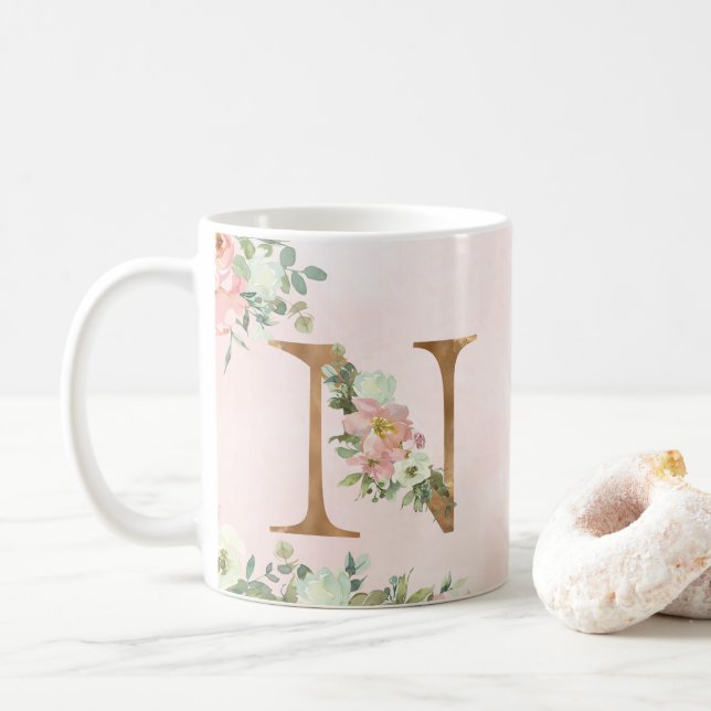 Elegant Pink Floral Monogram N Coffee Mug (With Donut)