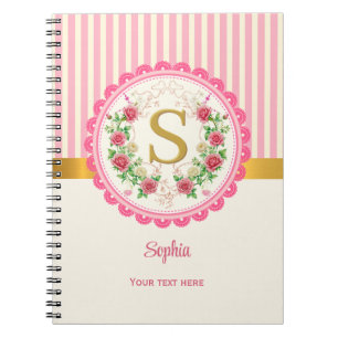 Elegant Pink Floral Monogram Stripes Custom Name Notebook