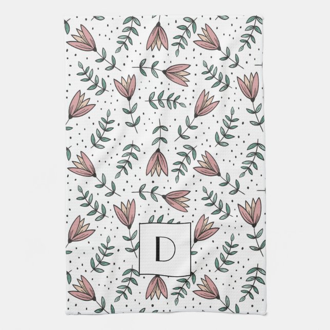 Elegant Pink Floral Monogram Tea Towel (Vertical)