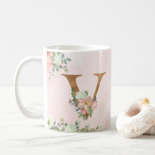 Elegant Pink Floral Monogram V Coffee Mug
