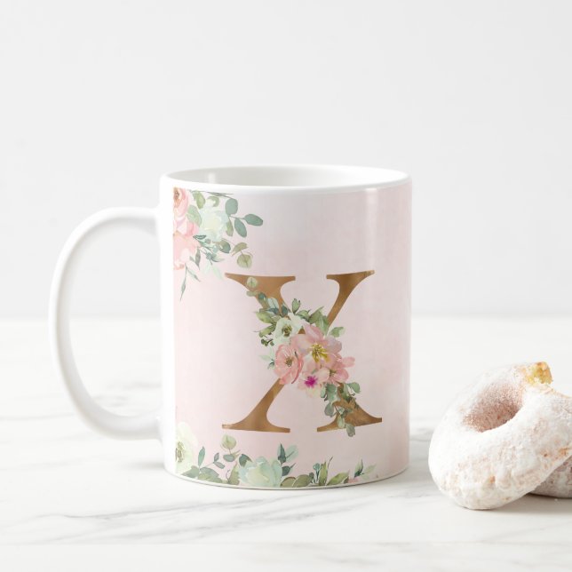 Elegant Pink Floral Monogram X Coffee Mug (With Donut)
