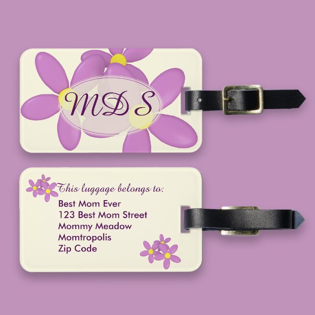 Elegant Pink Floral Monogrammed Luggage Tag (Cute pink floral luggage tags with space for your details)