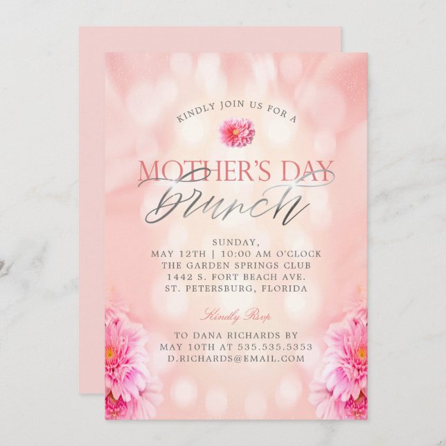 Elegant Pink Floral Mother's Day Brunch Invitation (Front/Back)