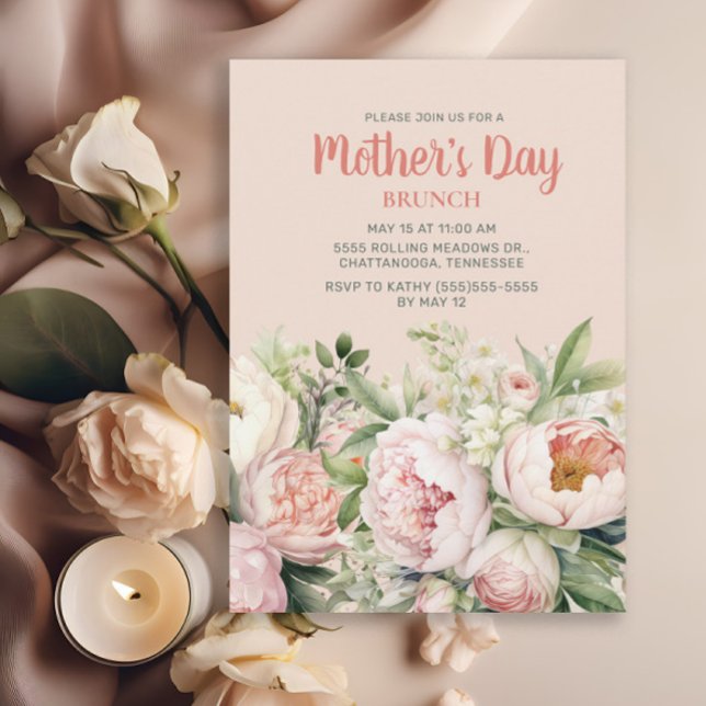 Elegant Pink Floral Mother's Day Brunch Invitation (Elegant pink floral/peonies Mother's Day Brunch invitation)