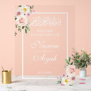 Elegant Pink Floral Muslim Islamic Arabic Party Acrylic Sign