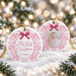 Elegant Pink Floral My First Christmas Photo Ceramic Tree Decoration