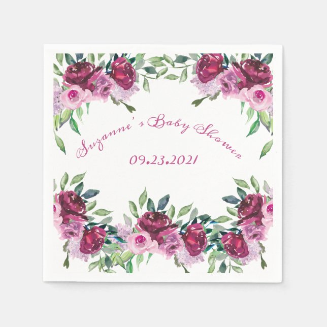Elegant Pink Floral Name Date Script Baby Showner Napkin (Front)