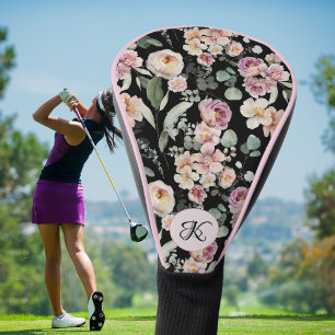 Elegant Pink Floral Name Monogram Golf Head Cover