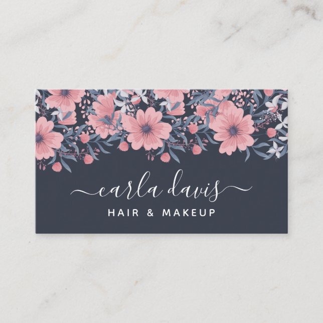 Elegant Pink Floral Navy Watercolor Business Card (Front)