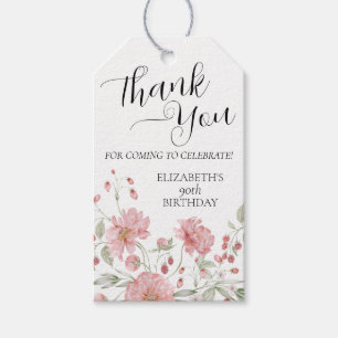 Elegant Pink Floral Ninety 90th Birthday Thank You Gift Tags