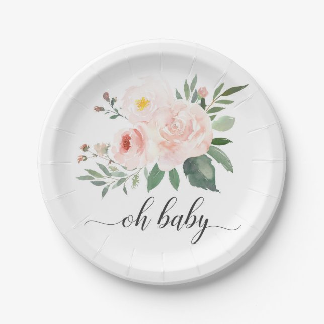 Elegant Pink Floral Oh Baby Shower Plate (Front)