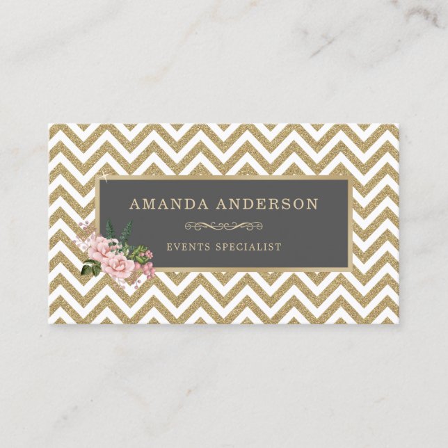 Elegant Pink Floral on Gold Chevron Business Card (Front)