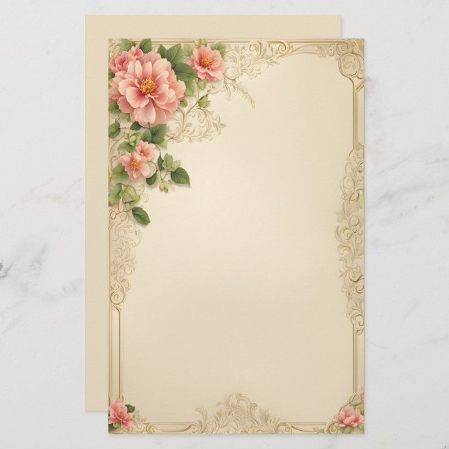 Elegant Pink Floral on Ivory Background Stationery (Front/Back)