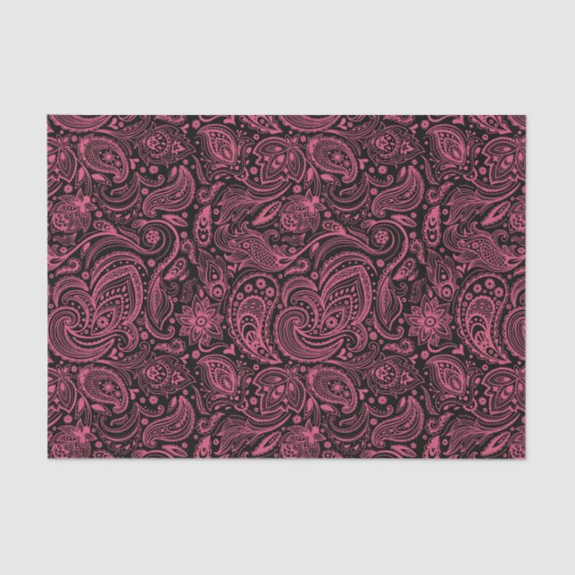 Elegant Pink Floral Paisley Black Background Tissue Paper (Front)