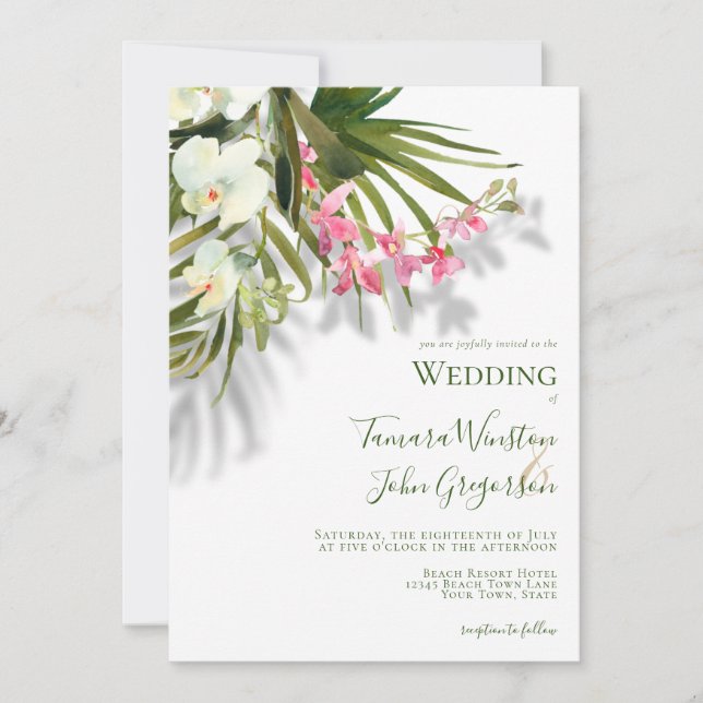 Elegant Pink Floral Palms Shadows Beach Wedding Invitation (Front)
