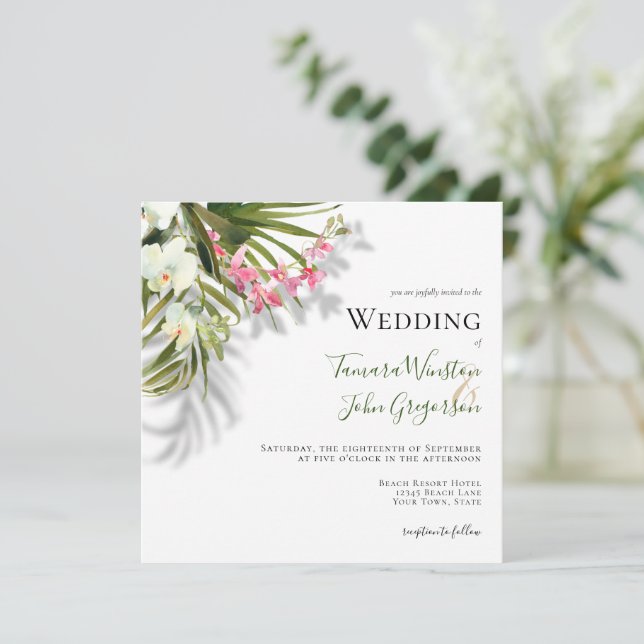 Elegant Pink Floral Palms Shadows Beach Wedding  Invitation (Standing Front)