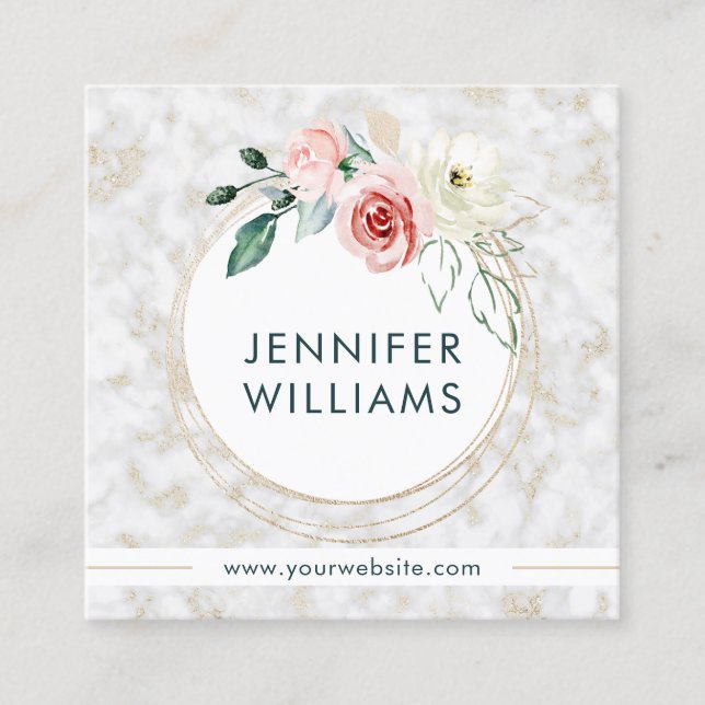 Elegant Pink Floral Pattern Girly White Square Business Card (Front)