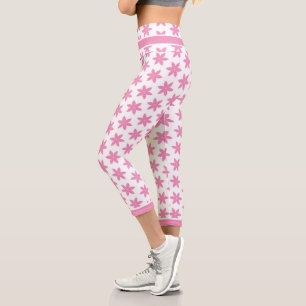 Elegant Pink Floral Pattern White Capri Leggings