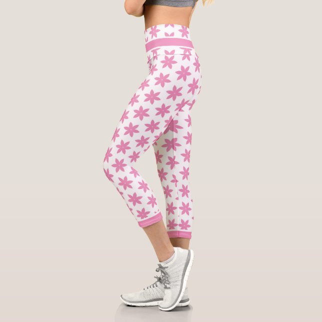Elegant Pink Floral Pattern White Capri Leggings (Left)