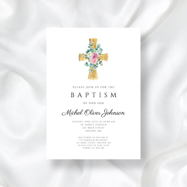 Elegant Pink Floral Peonies Cross Baptism Invitation (Elegant Pink Floral Peonies Cross Baptism Invitation)