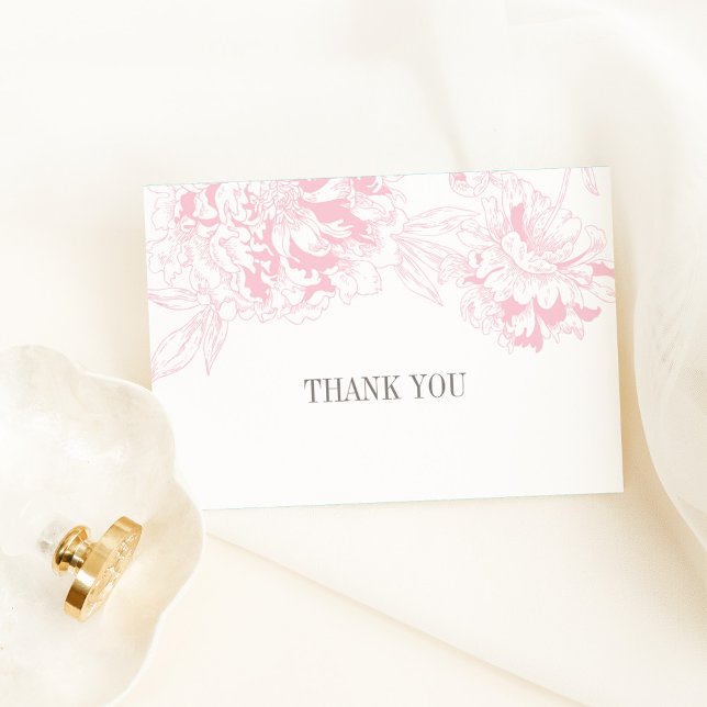Elegant Pink Floral Peony Wedding Grey Thank You Card (Creator Uploaded)