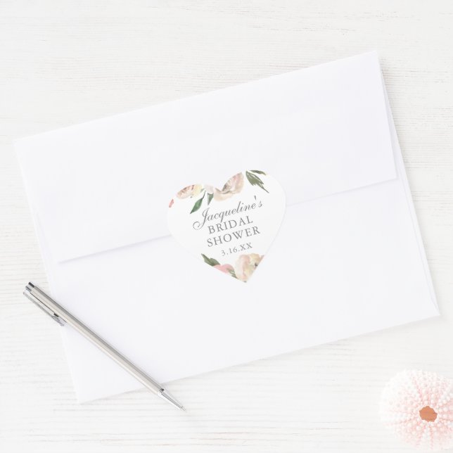 Elegant Pink Floral Personalised Bridal Shower Heart Sticker (Envelope)