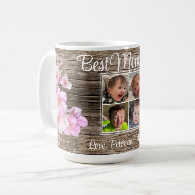 Elegant pink floral personalised four photos coffee mug (Front Left)