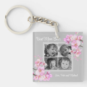 Elegant pink floral personalised four photos key ring