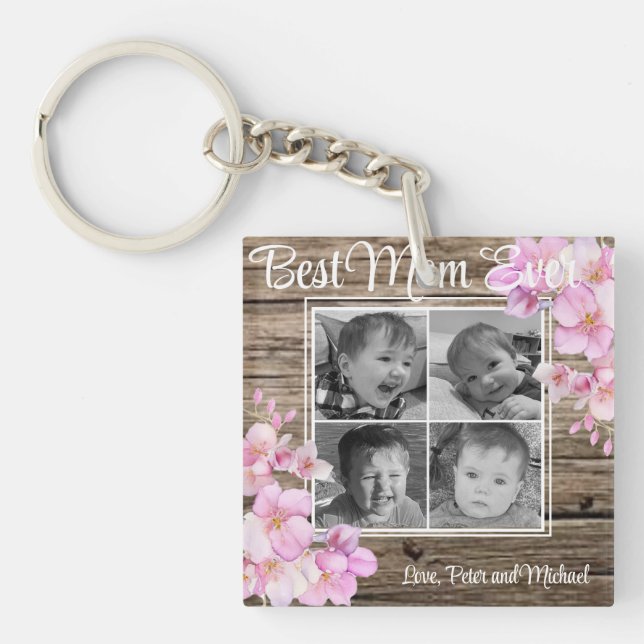 Elegant pink floral personalised four photos key ring (Front)