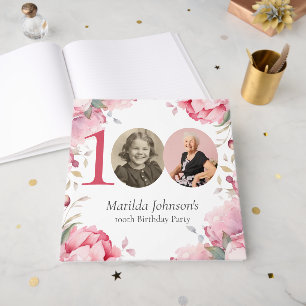 Elegant Pink Floral Photo 100th Birthday Guest Book