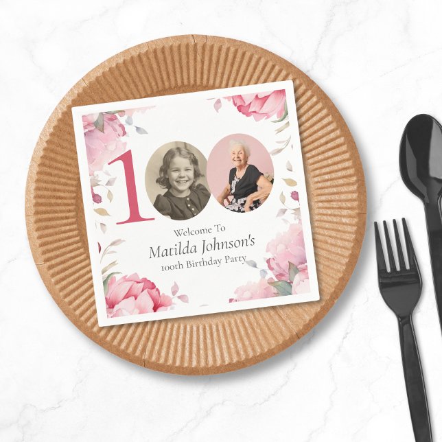 Elegant Pink Floral Photo 100th Birthday Party Napkin (Mockup View
)
