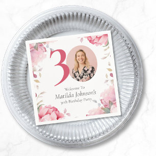 Elegant Pink Floral Photo 30th Birthday Party Napkin
